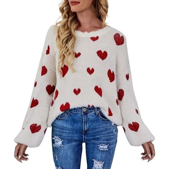 Fuzzy Heart Dropped Shoulder XL Sweatshirt Super Soft Long-Sleeve White & Red - Picture 1 of 7